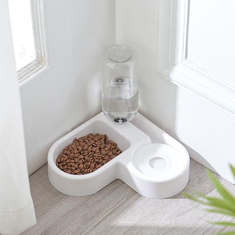 Fontaine à eau chat 500ml, sans électricité. Design moderne et compact, système 2-en-1 pour eau et nourriture.