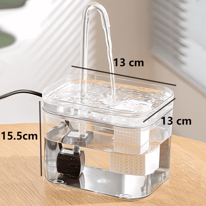 Fontaine à eau silencieuse pour animaux. Filtration intégrée. Design élégant et transparent, 1,5L.