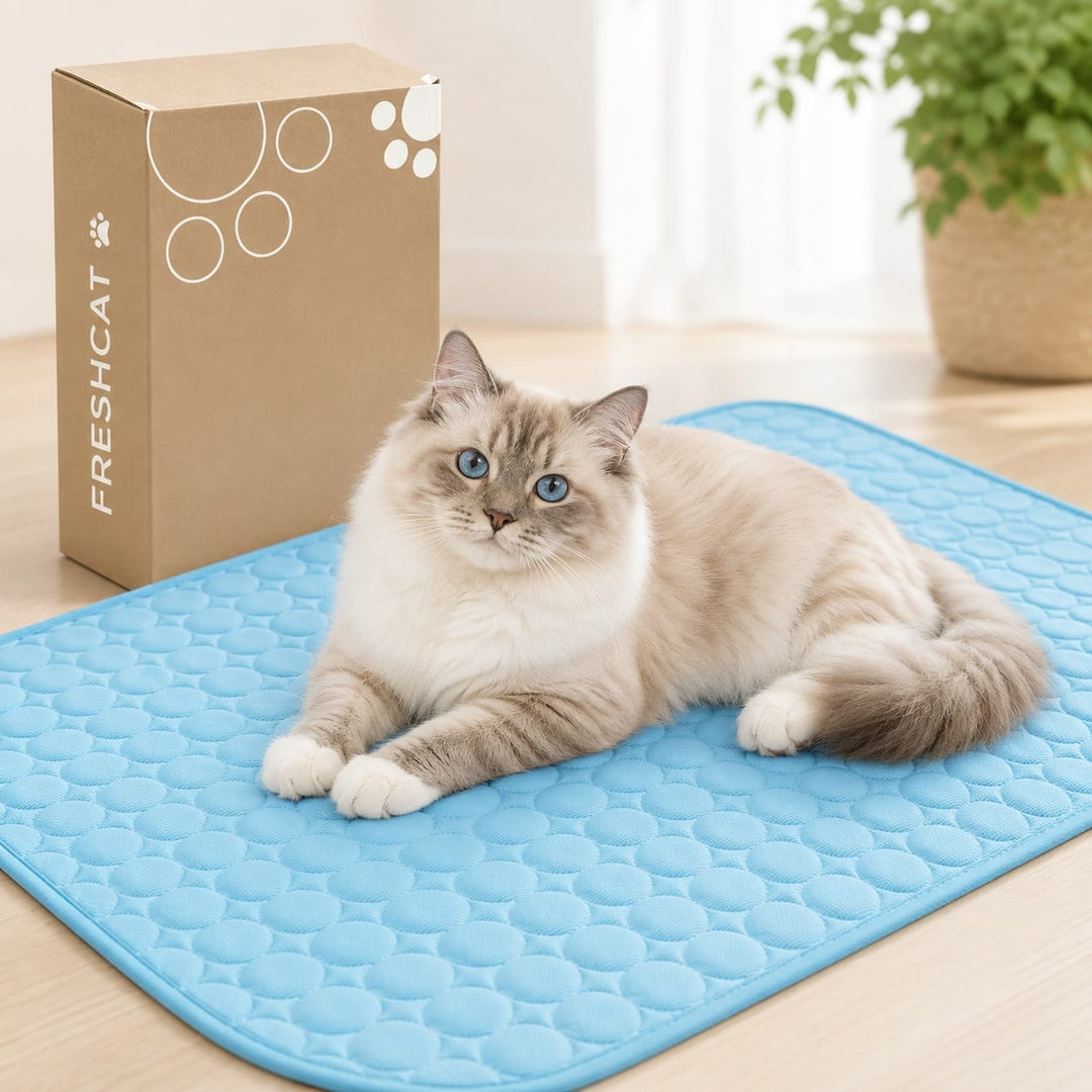 Tapis rafraîchissant bleu pour chat, offrant un confort optimal et anti-chaleur en été.