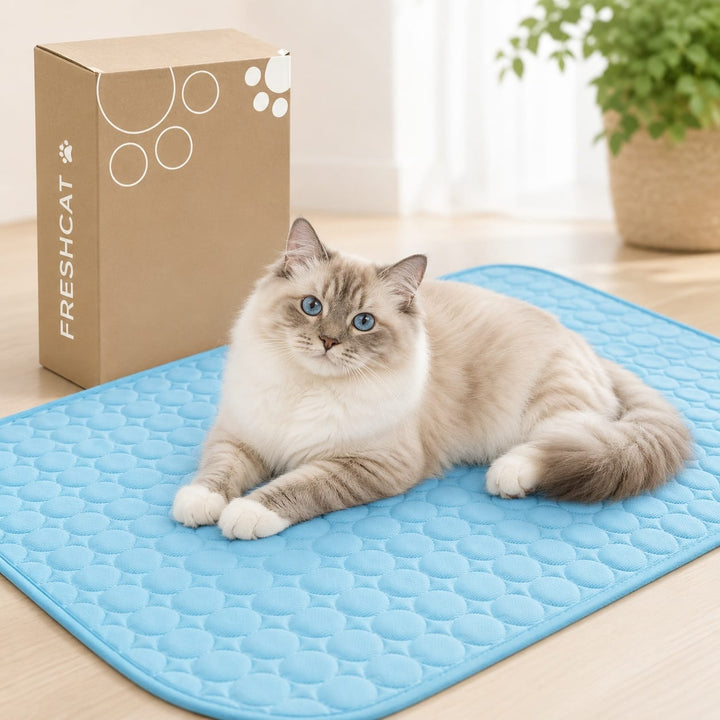 Tapis rafraîchissant bleu pour chat, offrant un confort optimal et anti-chaleur en été.