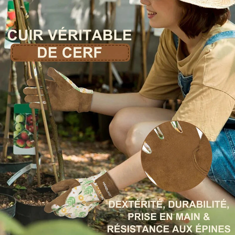 Gros plan sur des gants de jardinage pour femmes, soulignant le matériau respirant et la paume renforcée antidérapante.