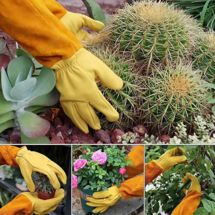 Gants de travail jardinage en cuir épais, protection longue anti-épines, confort et durabilité pour élagage intensif.