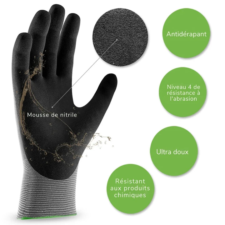 Gants de travail hydrofuges et légers, parfaits pour jardinage, bricolage, construction. Anti-abrasion, protection UV.