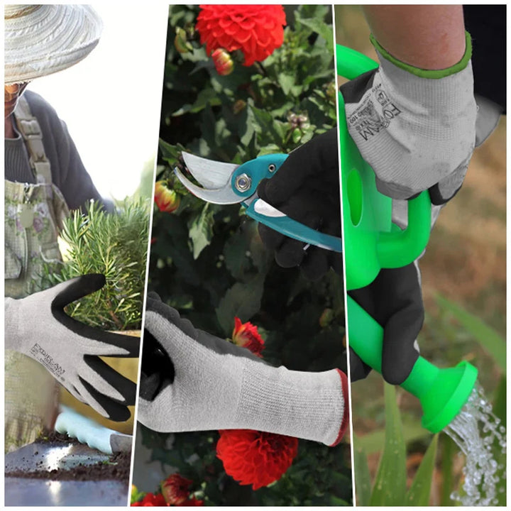 Gros plan sur gants de protection hydrofuges en nitrile, légers et résistants, adaptés pour le jardinage.
