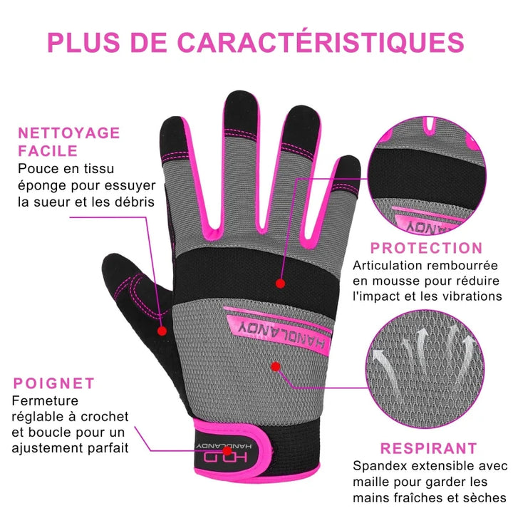 Gants de travail femmes, respirants et compatibles écran tactile. Parfaits pour bricolage, jardinage, activités multiusages.