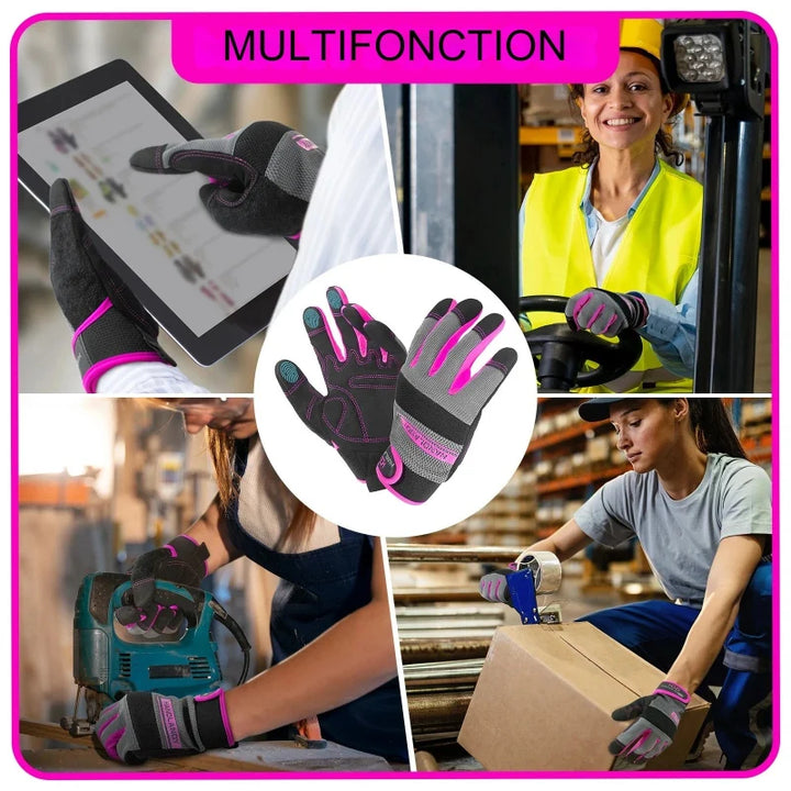 Femme utilisant des gants de travail flexibles avec écran tactile. Confortables pour jardinage, bricolage. Protection mains.