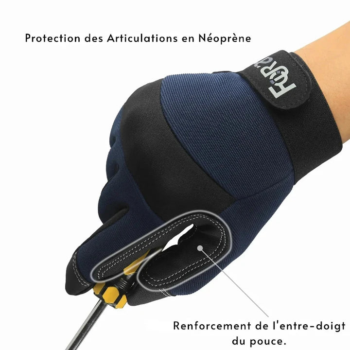 Paire de gants de travail noirs antidérapants, offre protection, dextérité et confort pour travaux exigeants et tactile.