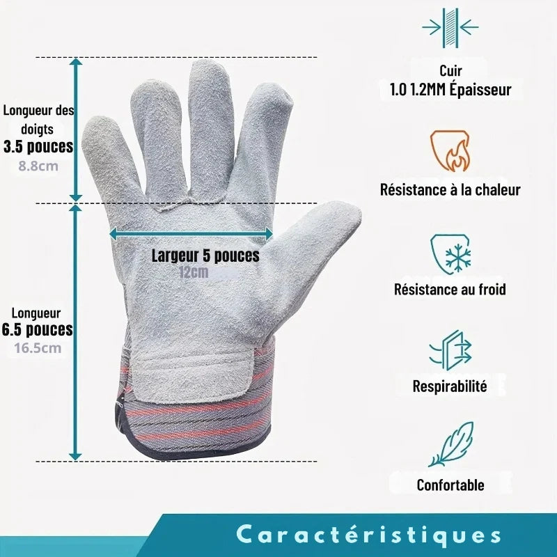 Gants de protection en cuir de vachette, robustes et souples, offrant dextérité pour bricolage, jardinage et sécurité.