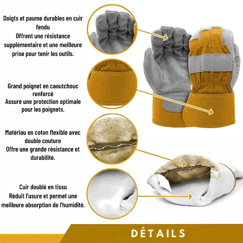 Utilisateur portant des gants de travail unisexe en cuir, protégeant les mains lors du jardinage et du bricolage.