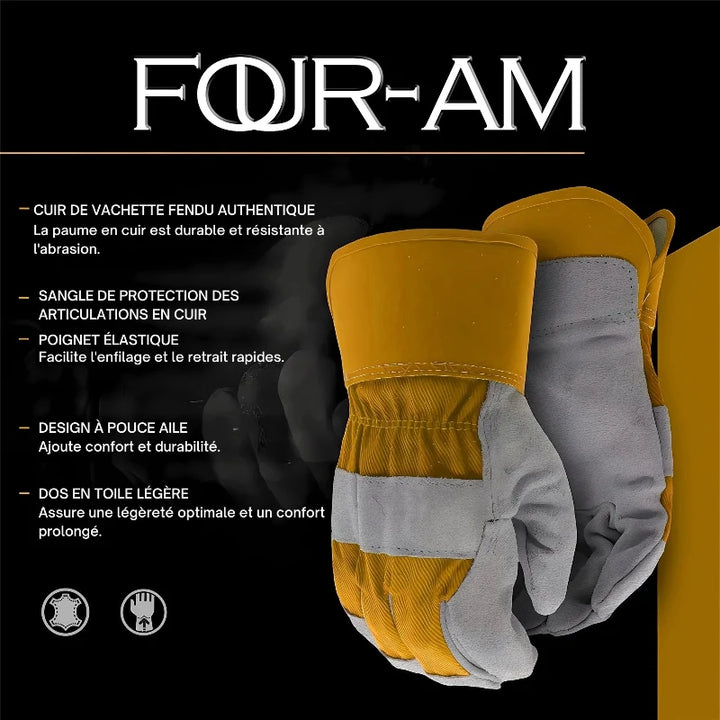 Vue arrière de gants de sécurité en cuir unisexe, offrant robustesse et confort pour travaux industriels et agricoles.