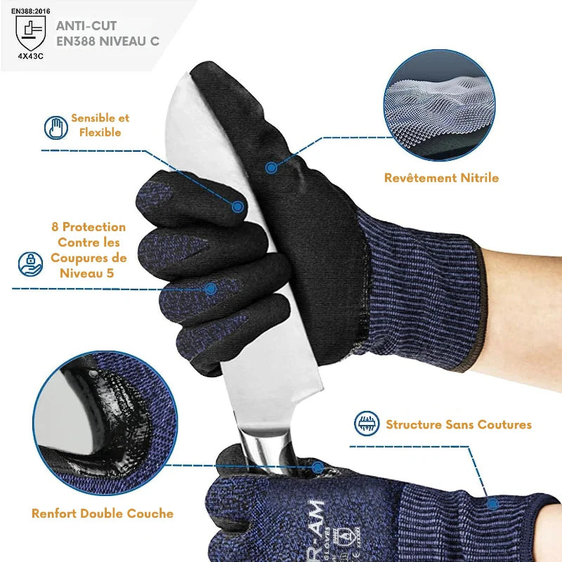 Gants de protection anti-coupure en nitrile, offrant adhérence et flexibilité pour sécurité industrielle.