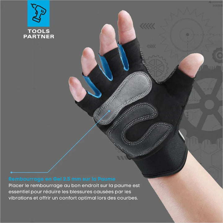 Gants demi-doigts unisexes pour bricolage, jardinage. Amortissants, anti-vibration et antidérapants.