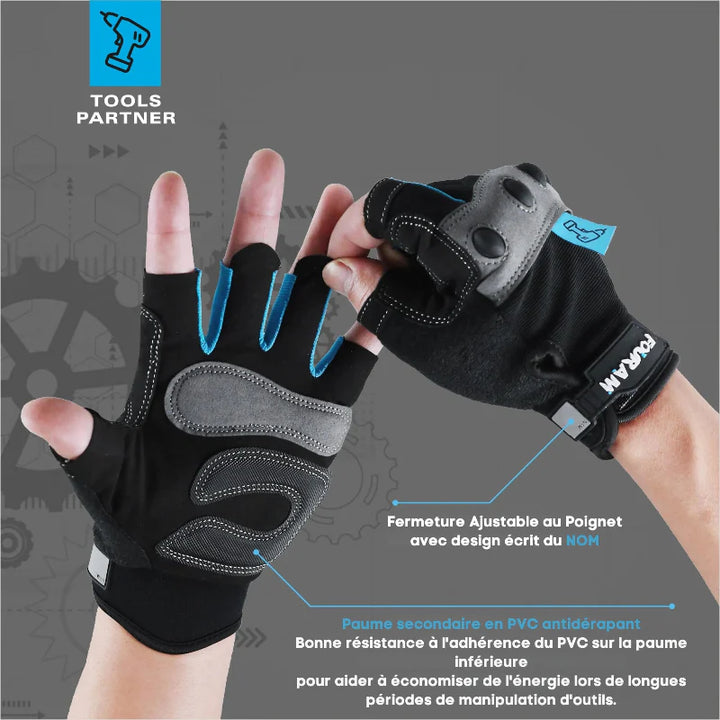 Gants de travail demi-doigts offrant haute dextérité et confort. Protection mains amortie pour longue durée.