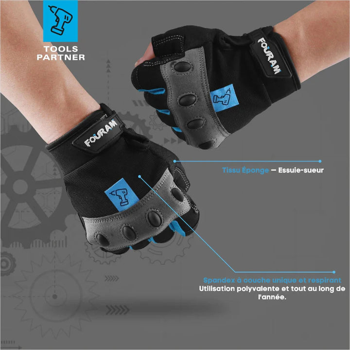 Paire de gants de travail demi-doigts antidérapants et amortis, pour une dextérité et protection des mains accrues.