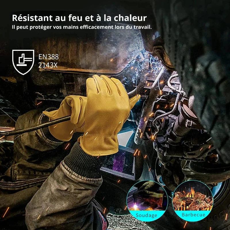 Gants de protection en cuir de vachette, haute résistance aux coupures et à l'abrasion pour travaux manuels.