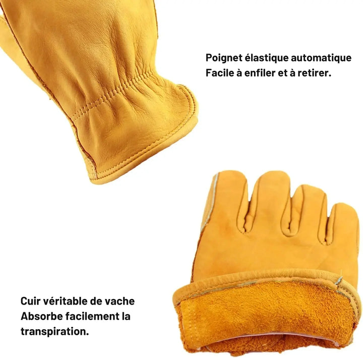 Paire de gants de travail en cuir de vachette pour jardinage, bricolage et métiers, offrant durabilité et confort.