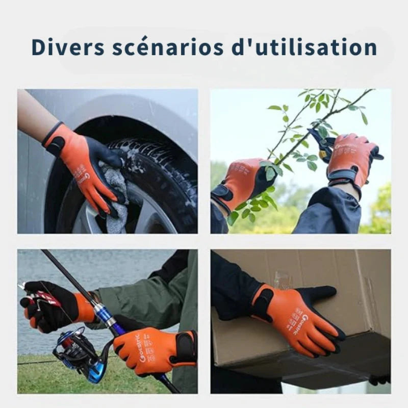 Détail d'un gant de travail imperméable et isolant, conçu pour garder les mains au sec et au chaud en hiver.