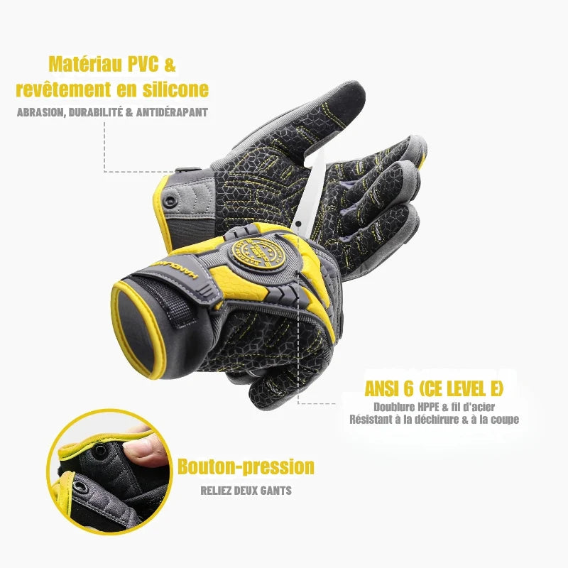 Vue rapprochée de gants de sécurité ergonomiques tactiles pour travaux lourds, offrant protection et dextérité.