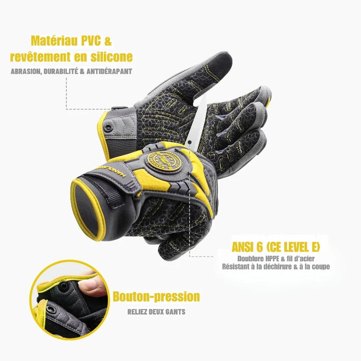 Vue rapprochée de gants de sécurité ergonomiques tactiles pour travaux lourds, offrant protection et dextérité.