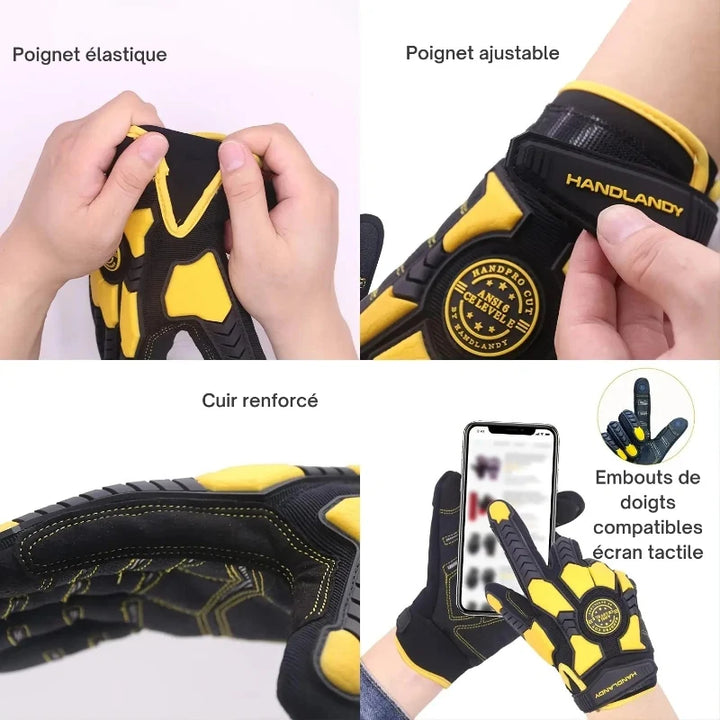 Gants de travail robustes anti-chocs avec doigts tactiles pour écran, offrant sécurité et précision.