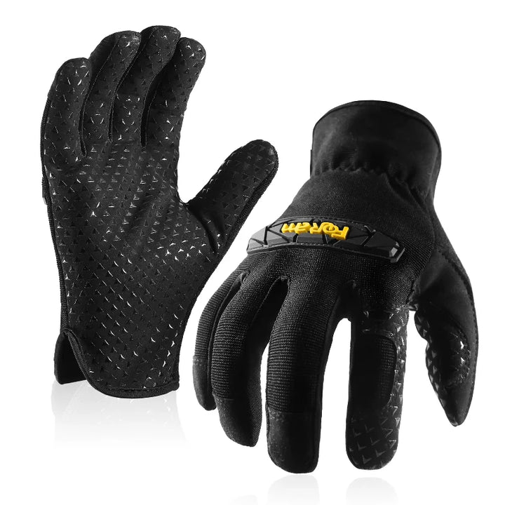 Gants de travail universels noirs avec protection et compatibilité écran tactile pour bricolage et manutention.