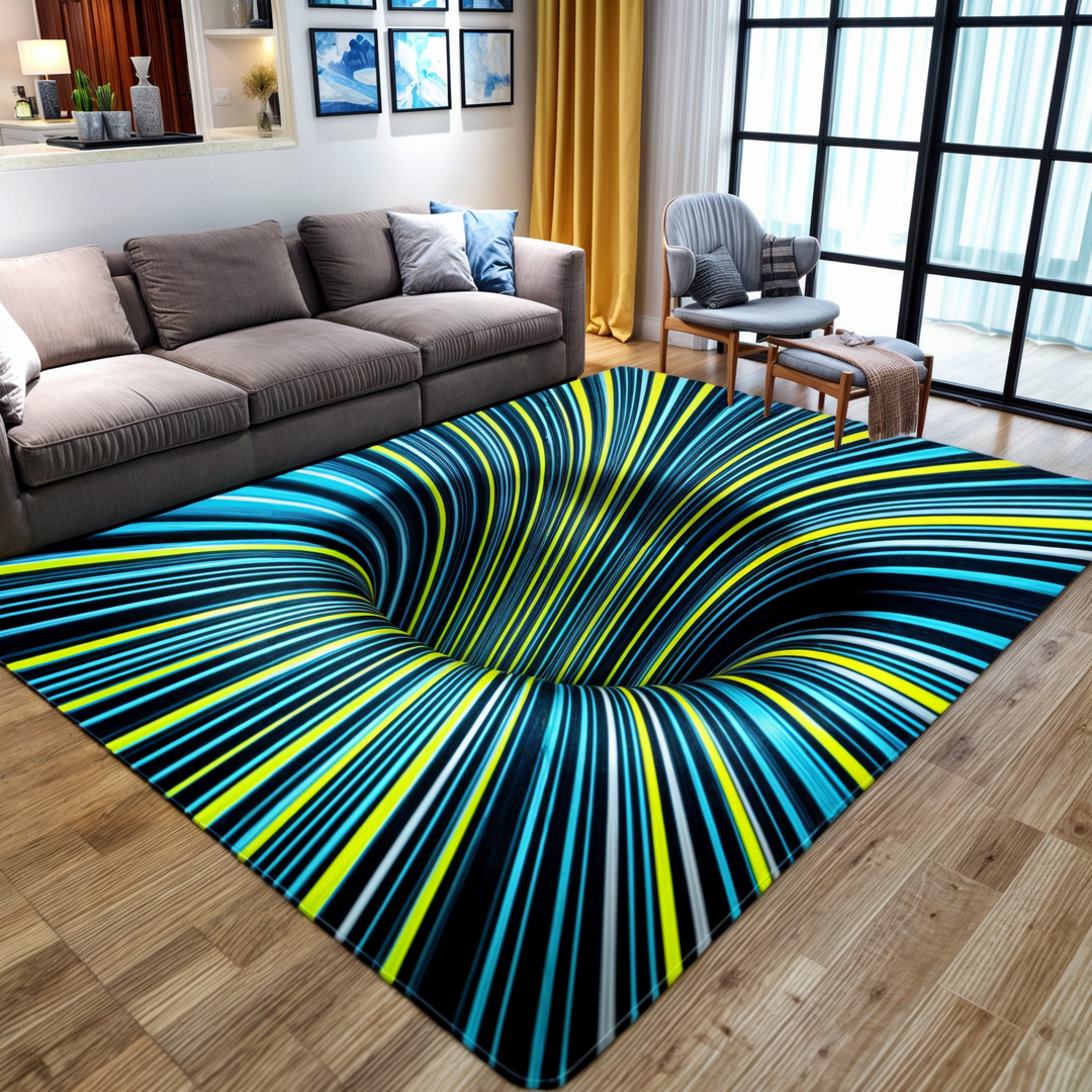 Geometric illusion rug, modern home decor.  Stylish, comfortable polyester rug with easy cleaning.