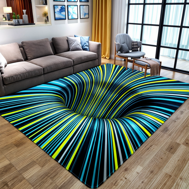 Geometric illusion rug, modern home decor.  Stylish, comfortable polyester rug with easy cleaning.