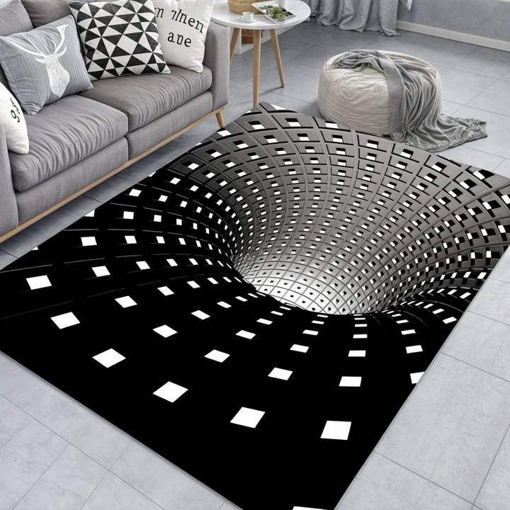 Geometric illusion rug, modern home decor.  Stylish, comfortable polyester rug with easy cleaning.