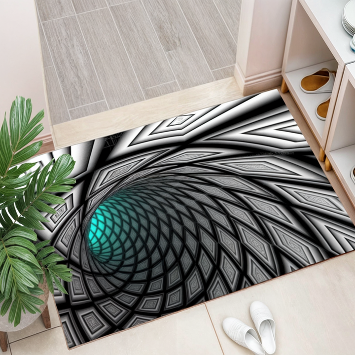 Geometric illusion rug, modern home decor.  Stylish, comfortable polyester rug with easy cleaning.