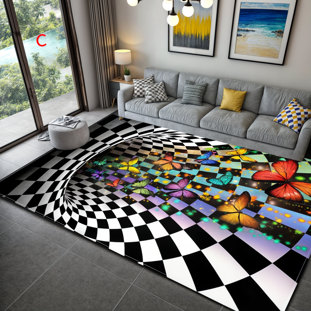 Geometric illusion rug, modern home decor.  Stylish, comfortable polyester rug with easy cleaning.