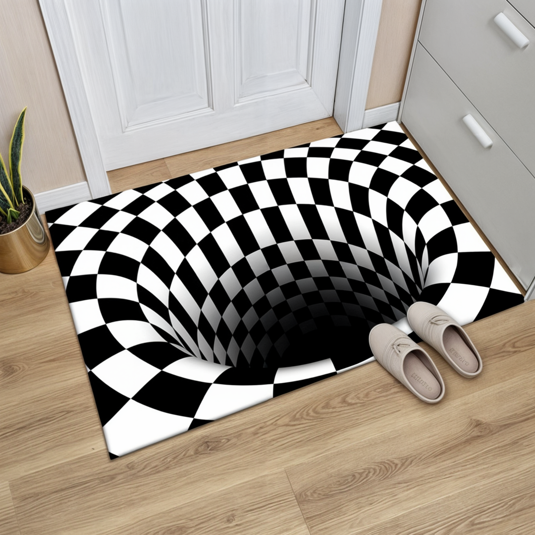 Geometric illusion rug, modern home decor.  Stylish, comfortable polyester rug with easy cleaning.