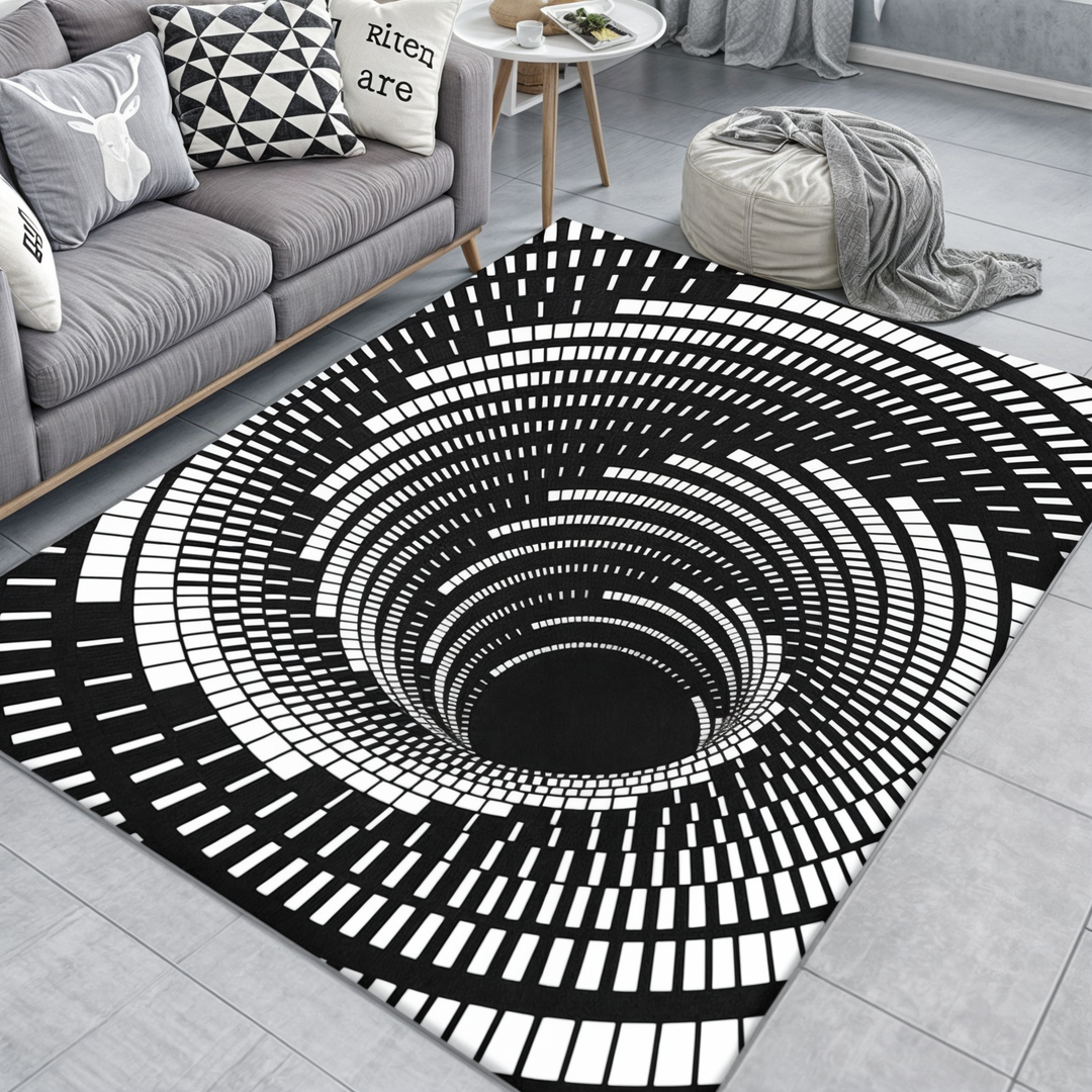 Geometric illusion rug, modern home decor.  Stylish, comfortable polyester rug with easy cleaning.