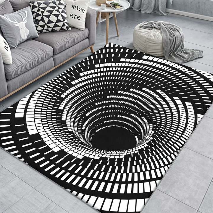 Geometric illusion rug, modern home decor.  Stylish, comfortable polyester rug with easy cleaning.