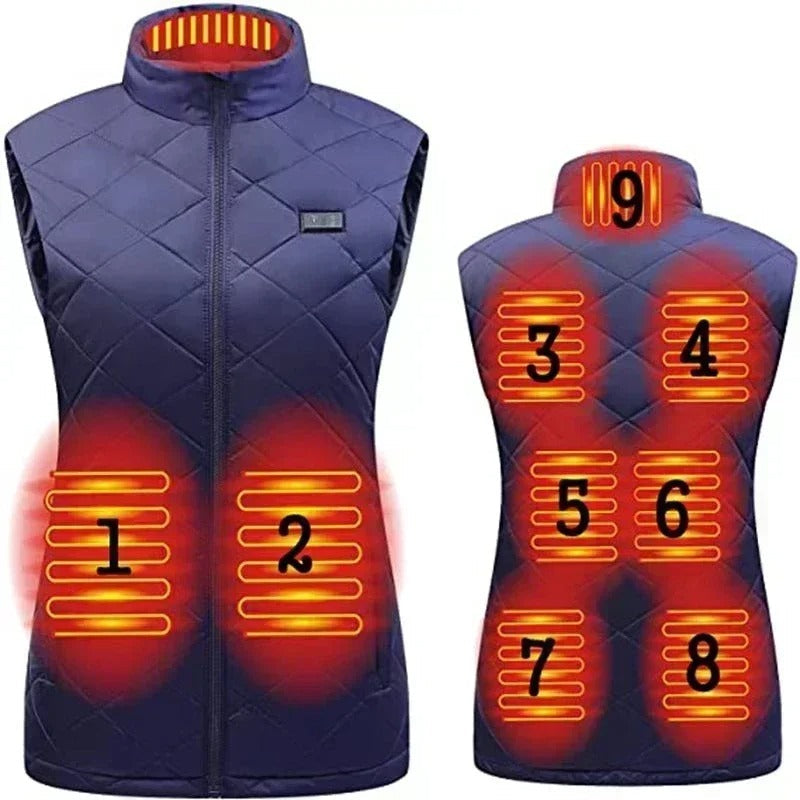 Gilet chauffant femme 9 zones, chaleur personnalisée. Design élégant et léger. Idéal pour l'hiver.