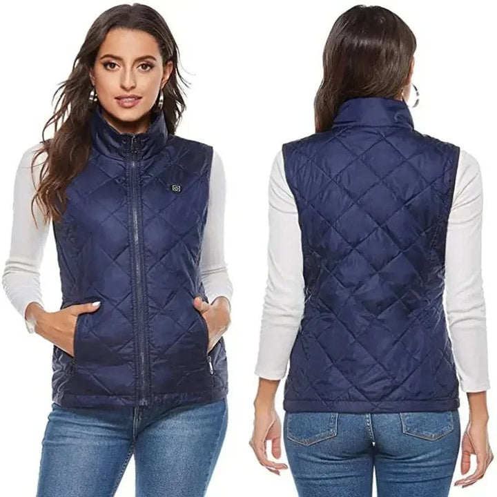 Gilet chauffant femme 9 zones, chaleur personnalisée. Design élégant et léger. Idéal pour l'hiver.