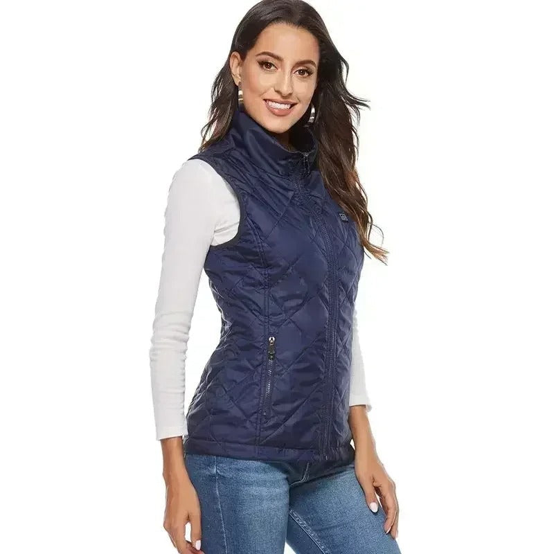 Gilet chauffant femme 9 zones, chaleur personnalisée. Design élégant et léger. Idéal pour l'hiver.