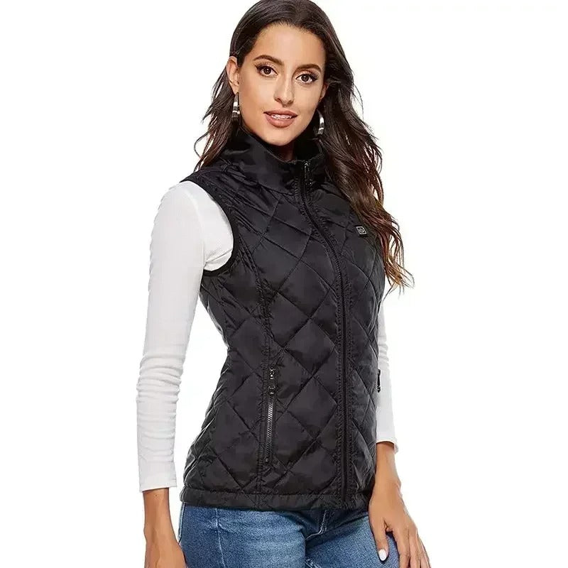 Gilet chauffant femme 9 zones, chaleur personnalisée. Design élégant et léger. Idéal pour l'hiver.