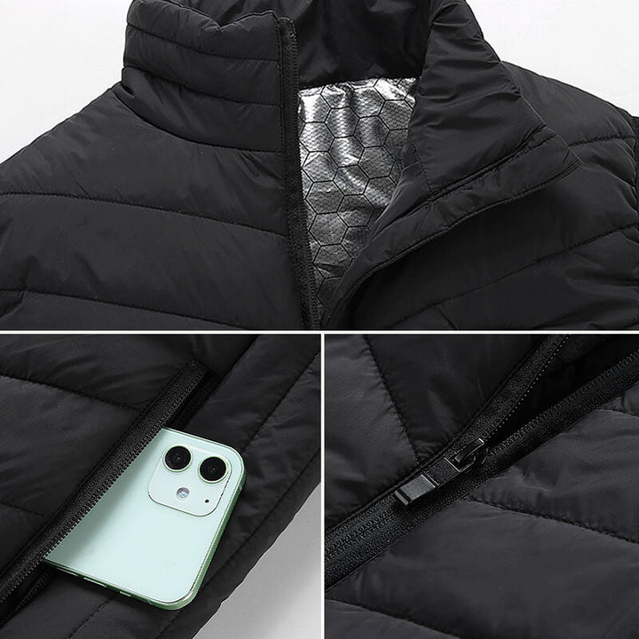 Cadeau homme parfait: gilet chauffant électrique noir, essentiel pour l'hiver et les sorties.