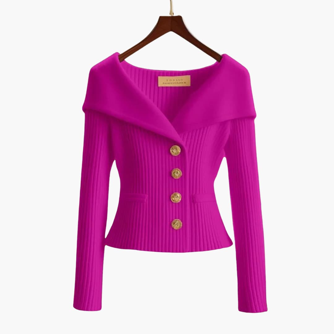 Gilet court en maille côtelée fine, avec rangée de boutons, pour femme élégante et à la mode.