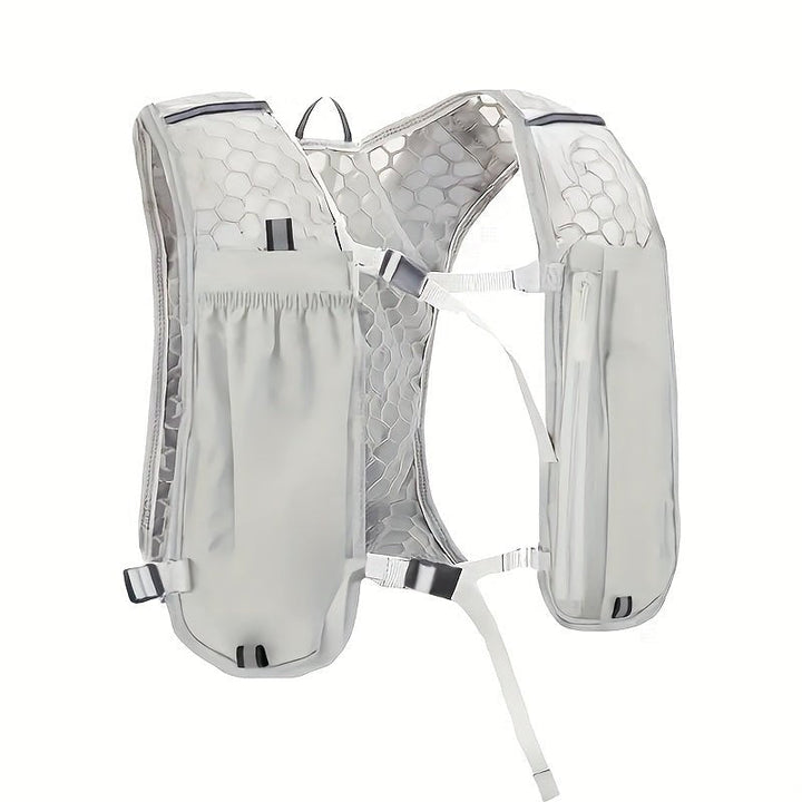 "Gilet de sport respirant unisexe gris avec poches pratiques, bretelles réglables; idéal pour course et randonnée."