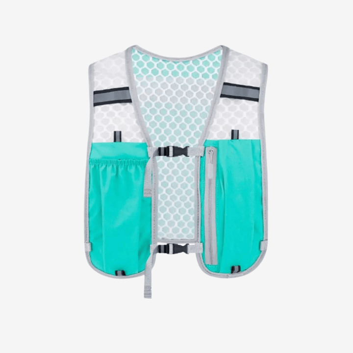 "Gilet de sport respirant unisexe gris avec poches pratiques, bretelles réglables; idéal pour course et randonnée."