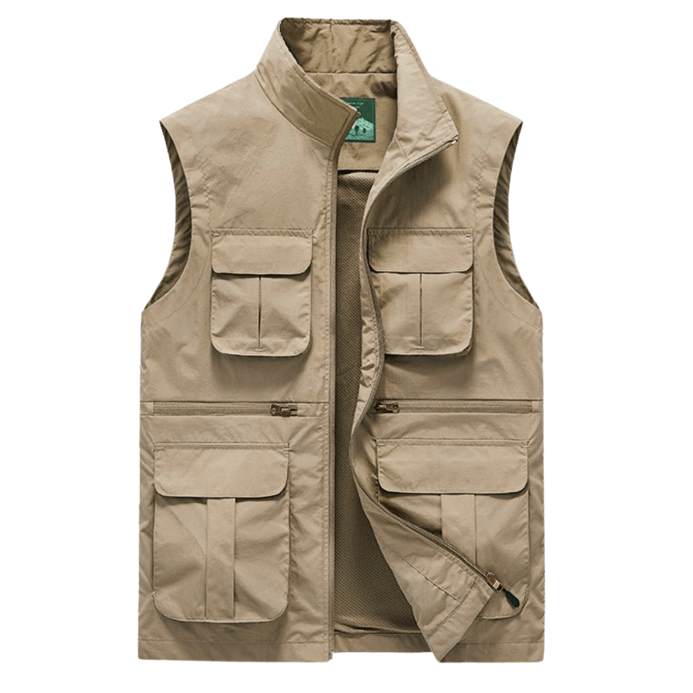 Gilet de voyage bleu marine, léger, séchage rapide, multi-poches, idéal randonnée et aventures extérieures.