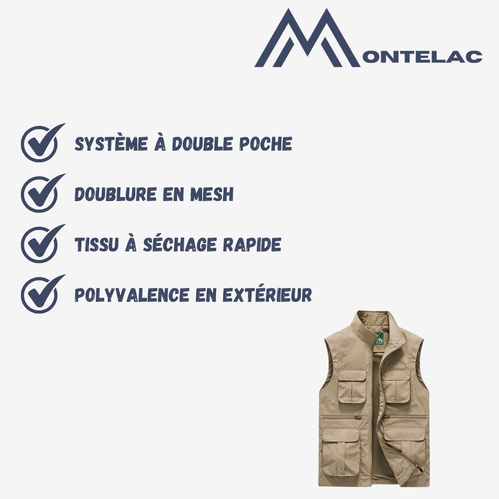 Gilet de voyage bleu marine, léger, séchage rapide, multi-poches, idéal randonnée et aventures extérieures.
