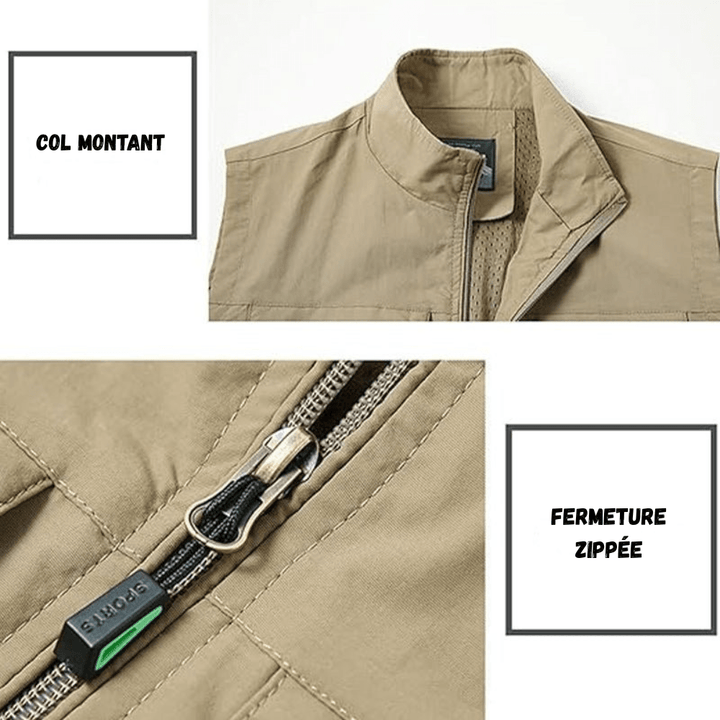 Gilet de voyage bleu marine, léger, séchage rapide, multi-poches, idéal randonnée et aventures extérieures.