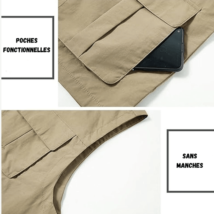 Gilet de voyage bleu marine, léger, séchage rapide, multi-poches, idéal randonnée et aventures extérieures.