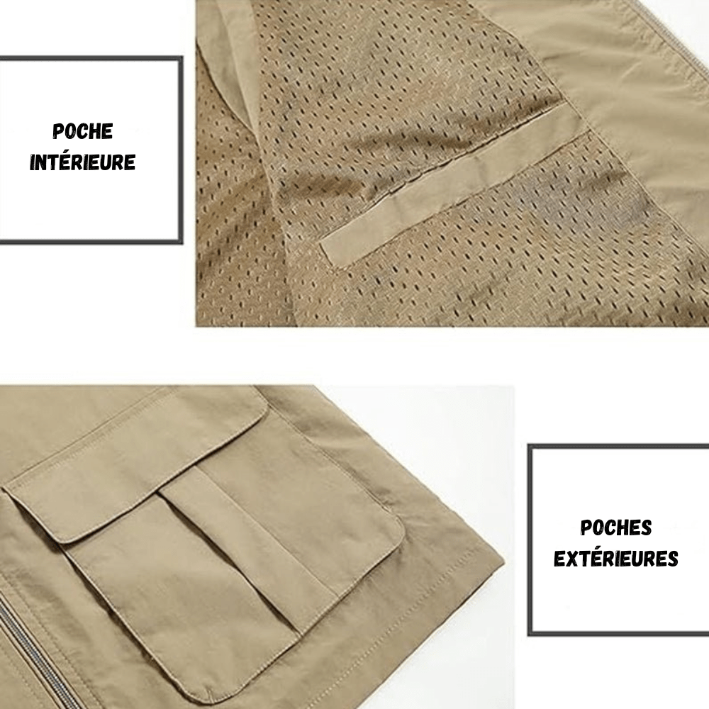 Gilet de voyage bleu marine, léger, séchage rapide, multi-poches, idéal randonnée et aventures extérieures.