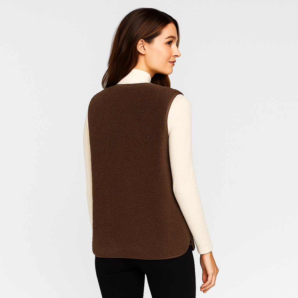Gilet doux sans manches brun pour femmes, élégant et confortable. Idéal superposition quotidienne mi-saison ou hiver.