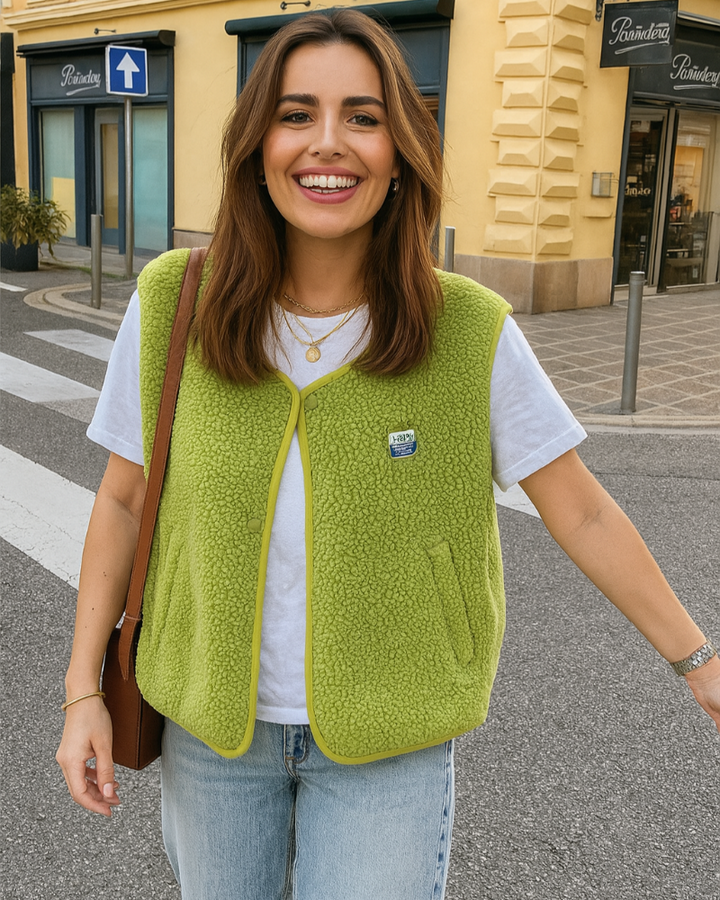 "Gilet en laine d'agneau gris, ouverture frontale, idéal pour l'automne-hiver, style élégant et chaleur assurée."