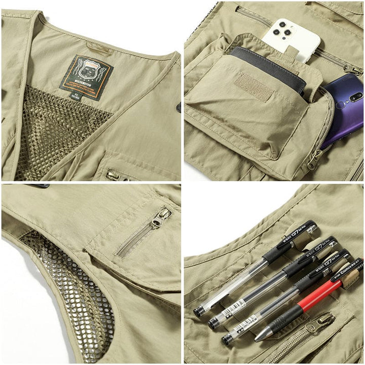 Gilet été multi-poches, léger et respirant.  Parfait pour activités outdoor. Plusieurs couleurs.