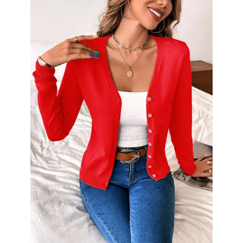 Cardigan femme polyvalent, col V, ajusté, idéal pour superposer en toute saison, look chic assuré.
